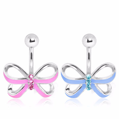 316L Surgical Steel Enamel Ribbon Bow with Gem Detail Navel Ring-WildKlass Jewelry