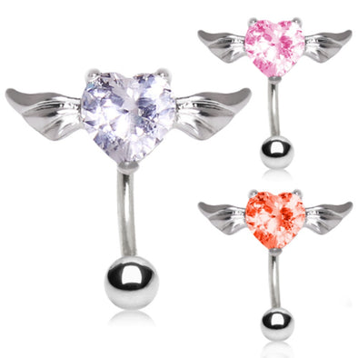 316L Surgical Steel Gemmed Heart with Wings Top Down Navel Rings-WildKlass Jewelry
