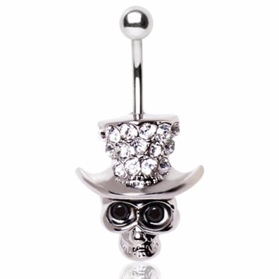316L Surgical Steel Grinning Skull with Gemmed Top Hat Navel Ring-WildKlass Jewelry