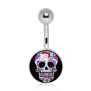 316L Surgical Steel Pale Blue Sugar Skull Navel Ring-WildKlass Jewelry