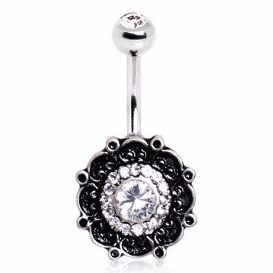 316L Surgical Steel CZ Vintage Floral Navel Ring-WildKlass Jewelry