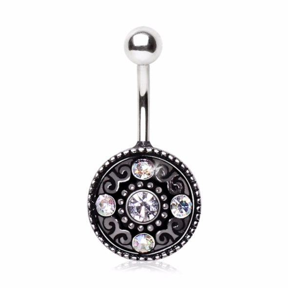 316L Surgical Steel Antique Gemmed Shield Navel Ring-WildKlass Jewelry