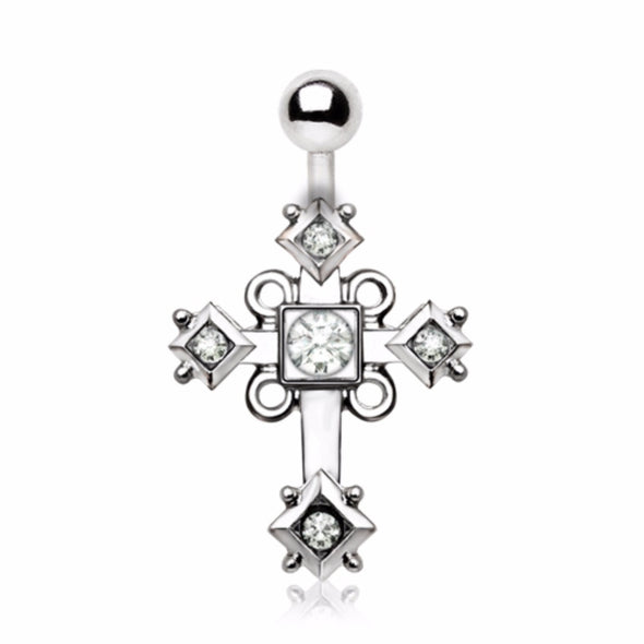 316L Stainless Steel Sparkling Budded Cross Navel Ring-WildKlass Jewelry