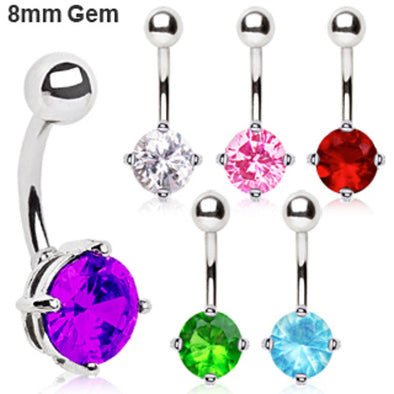 316L Surgical Steel Prong Set 8mm Round CZ Navel Ring-WildKlass Jewelry