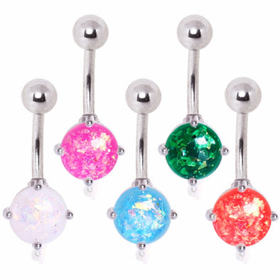 316L Surgical Steel Navel Ring with Prong Set Synthetic Opal-WildKlass Jewelry