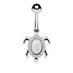 Opal Glitter Center and Crystal Paved Tuttle 316L Surgical Steel WildKlass Belly Button Navel Rings-WildKlass Jewelry