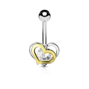 Gold and Steel Two-Tone Double Heart WildKlass Belly Button Navel Rings-WildKlass Jewelry