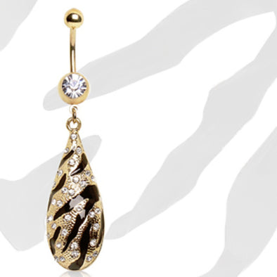 Gold Plated Navel Ring with Zebra Printed Water Drop Dangle-WildKlass Jewelry