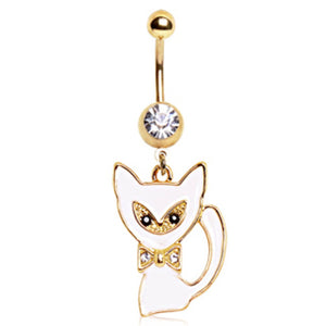 Gold Plated White Cat Navel Ring-WildKlass Jewelry