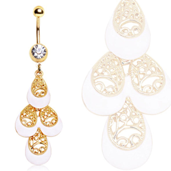 Gold Plated White & Gold Multi-Tiered Tear Drop Navel Ring-WildKlass Jewelry