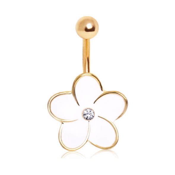 316L Enameled Flower Navel Ring with Center Gem and Gold Plated Trim-WildKlass Jewelry