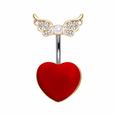 316L Red Heart Navel Ring with Soaring Gold-Plated Gemmed Wings and Pearl-WildKlass Jewelry