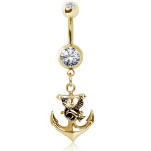 Gold Plated 316L Gemmed Navel Ring with Anchor and Seagull Dangle-WildKlass Jewelry