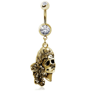 Gold Plated 316L Gemmed Navel Ring with Undead Siren Dangle-WildKlass Jewelry