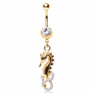 Gold Plated Gemmed Sea Horse Dangle Navel Ring-WildKlass Jewelry