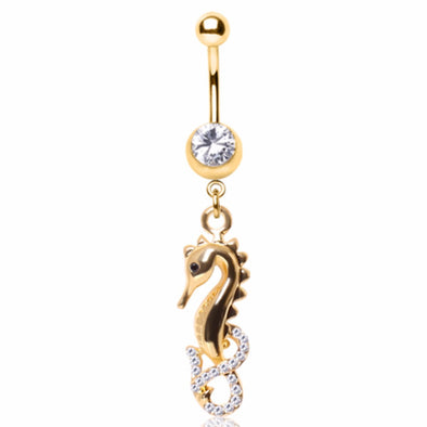 Gold Plated Gemmed Sea Horse Dangle Navel Ring-WildKlass Jewelry