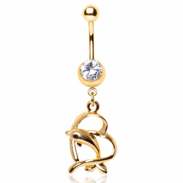 Gold Plated Leaping Dolphin and Heart Dangle Navel Ring-WildKlass Jewelry