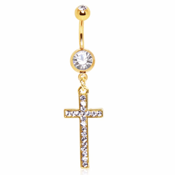 Gold Plated Cross Dangle with CZ Navel Ring-WildKlass Jewelry