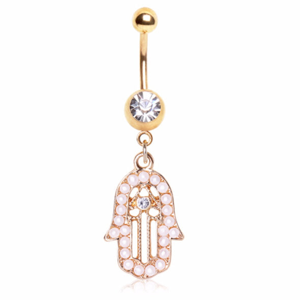 Gold Plated Hamsa Amulet Dangle Navel Ring with Pearls-WildKlass Jewelry