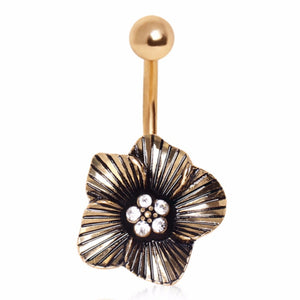 Gold Plated Striped Floral Navel Ring with CZ-WildKlass Jewelry