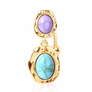 Gold Plated Double Brooch Top Down Navel Ring with Faux Turquoise Stones-WildKlass Jewelry