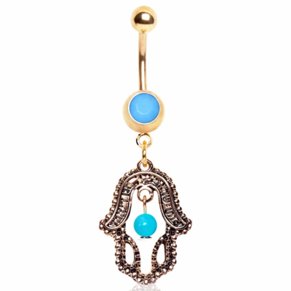 Gold Plated Antique Hamsa and Turquoise Dangle Navel Ring-WildKlass Jewelry