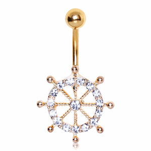 Gold Plated CZ Navel Ship Wheel Navel Ring-WildKlass Jewelry