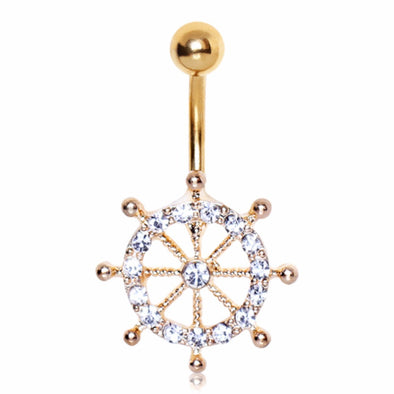 Gold Plated CZ Navel Ship Wheel Navel Ring-WildKlass Jewelry