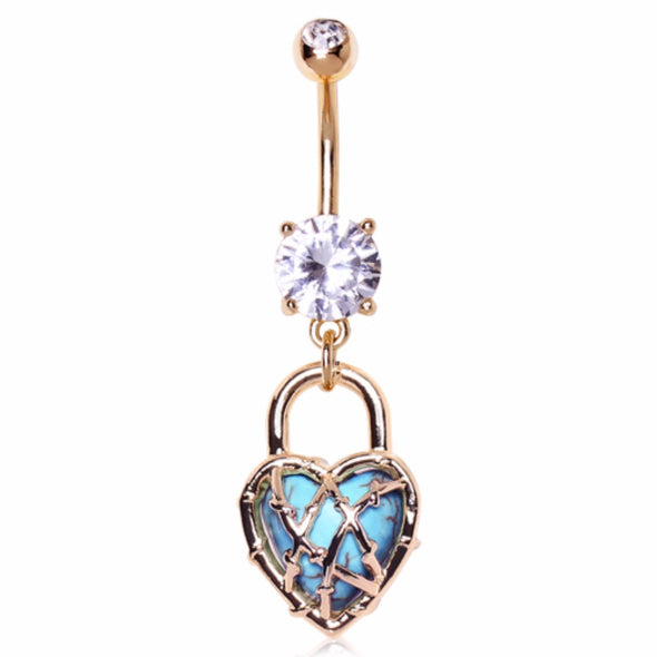 Gold Plated CZ Locked Turquoise Heart Dangle Navel Ring-WildKlass Jewelry