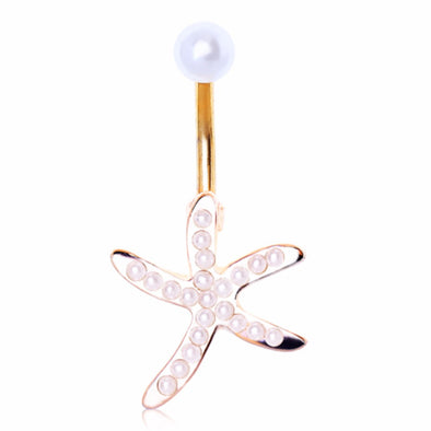 Gold Plated Starfish Navel Ring with Faux Pearls-WildKlass Jewelry