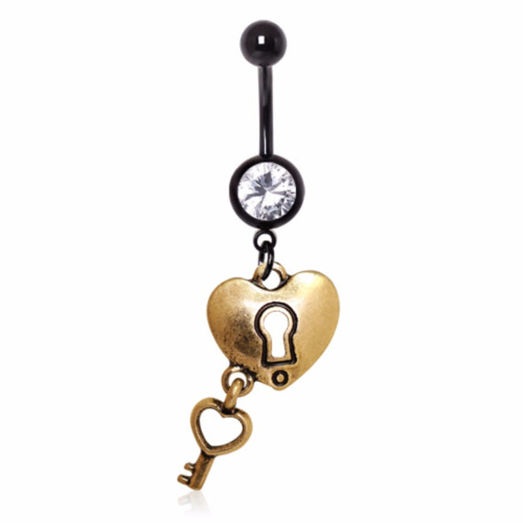 Brushed Gold Plated Heart Lock & Key Dangle Navel Ring-WildKlass Jewelry