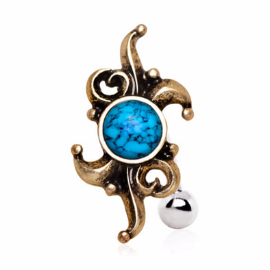 Antique Gold Plated Synthetic Turquoise Hinged Top Down Navel Ring-WildKlass Jewelry