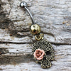 Gold Plated Pink Rose Skull Dangle WildKlass Navel Ring-WildKlass Jewelry