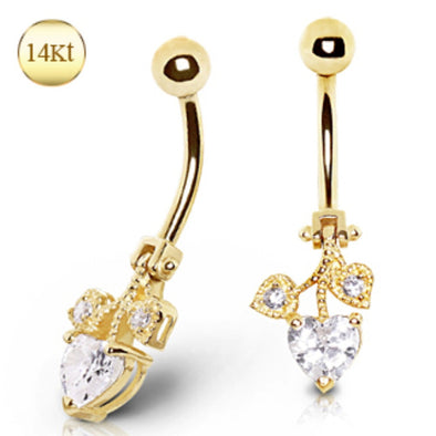 14Kt Yellow Gold Navel Ring with 3 Heart Gems-WildKlass Jewelry
