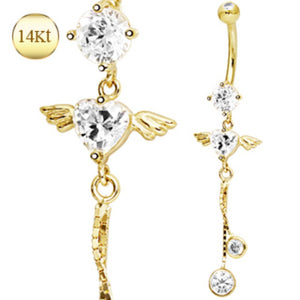 14Kt Yellow Gold Navel Ring with Winged Heart Gem-WildKlass Jewelry