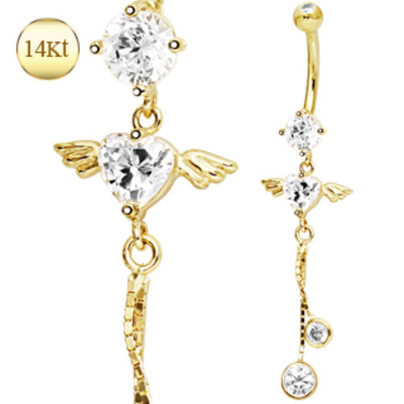 14Kt Yellow Gold Navel Ring with Winged Heart Gem-WildKlass Jewelry