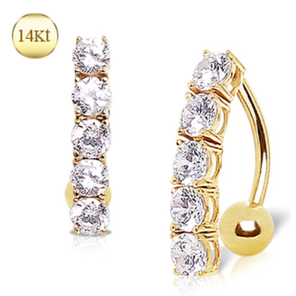 14Kt Yellow Gold Navel Ring with Top Down 5 Round Gems-WildKlass Jewelry