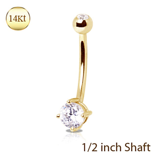 14Kt Yellow Gold 12mm Navel Ring with Clear Round Prong Set CZ-WildKlass Jewelry