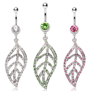 316L Surgical Steel Navel Ring with Leaf Shaped Dangle-WildKlass Jewelry