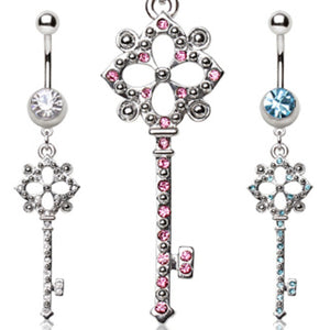 316L Surgical Steel Navel Ring with Flower Key Shaped Dangle-WildKlass Jewelry