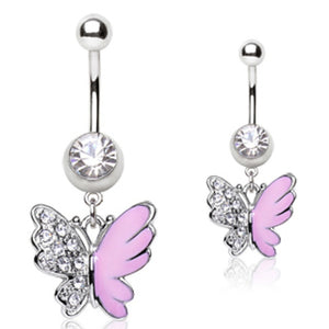 316L Surgical Steel Navel Ring with Two Tone Butterfly Shaped Dangle-WildKlass Jewelry