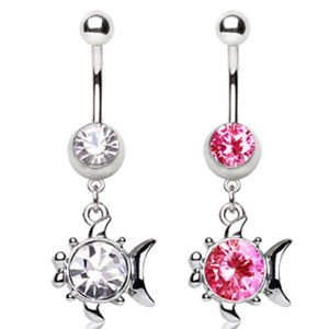 316L Surgical Steel Navel Ring with Fish Shaped Dangle-WildKlass Jewelry