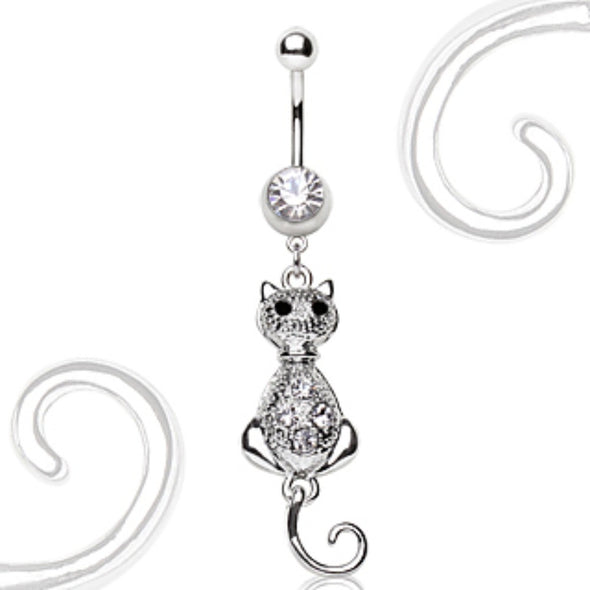 316L Surgical Steel Navel Ring with Cat Dangle-WildKlass Jewelry
