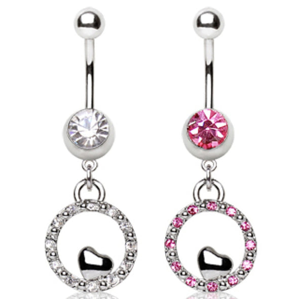316L Surgical Steel Navel Ring with Bubble and Small Heart Shaped Dangle-WildKlass Jewelry
