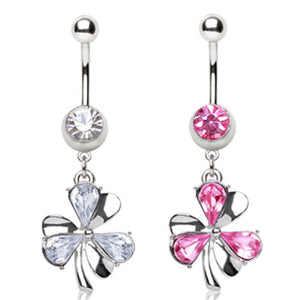 316L Surgical Steel Navel Ring with Clover Leaf Shaped Dangle-WildKlass Jewelry