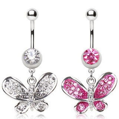 316L Surgical Steel Navel Ring with Butterfly Shaped Dangle-WildKlass Jewelry