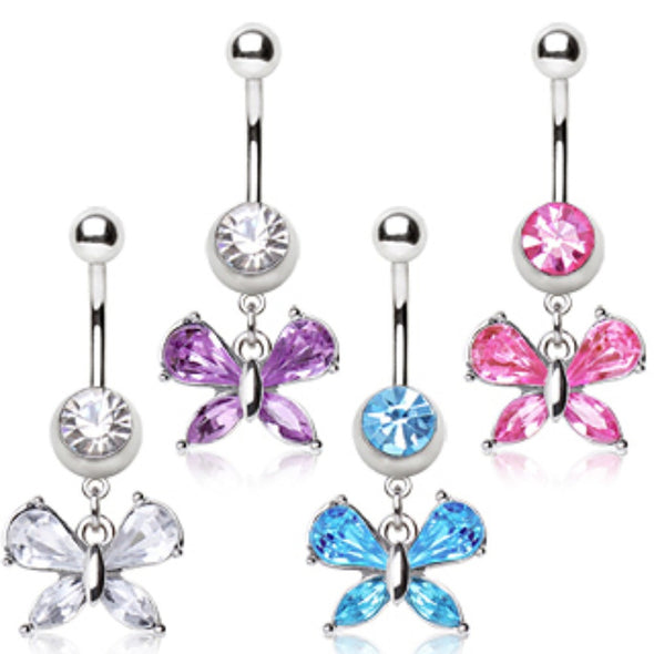 316L Surgical Steel Navel Ring with Small Butterfly Shaped Dangle-WildKlass Jewelry