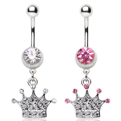 316L Surgical Steel Navel Ring with Princess Crown Dangle Royal-WildKlass Jewelry