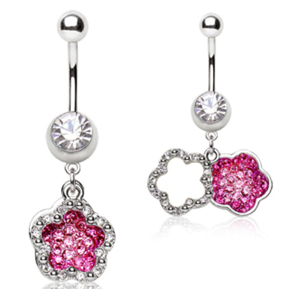 316L Surgical Steel Navel Ring with Two Flower Shaped Dangles-WildKlass Jewelry