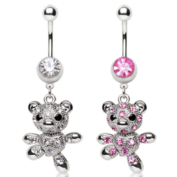 316L Surgical Steel Navel Ring with Dancing Teddy Bear Dangle-WildKlass Jewelry